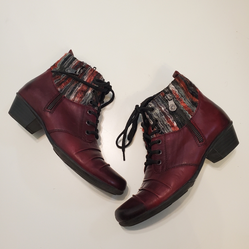 Remonte 37 Boots Lace Up Moto Short Booties Burgundy Red Boho Stripes Warm Boot